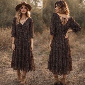 Japna Boho Tiered boho Midi Dress in Dark Brown Floral Size Small!